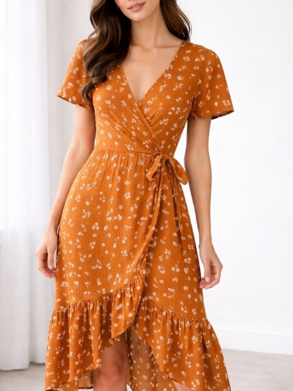 Old Navy Burnt Orange/Rust Floral Wrap Midi Dress with Ruffle Hem